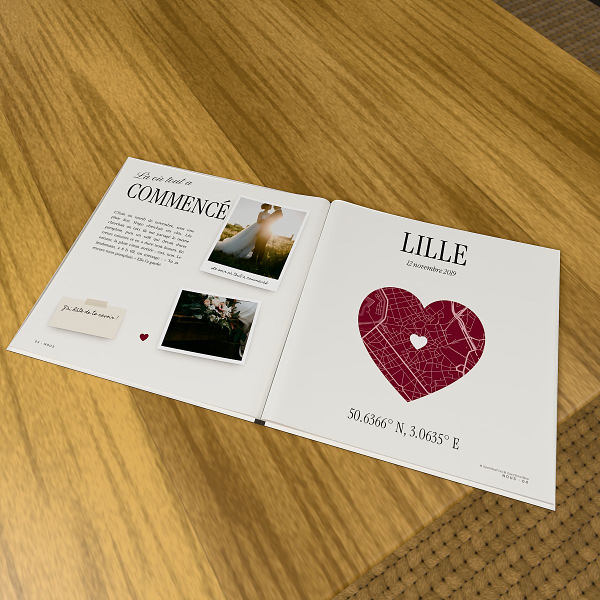Album ouvert sur la double page « Là où tout a commencé » : le récit de la rencontre et le plan de Lille dans un cœur