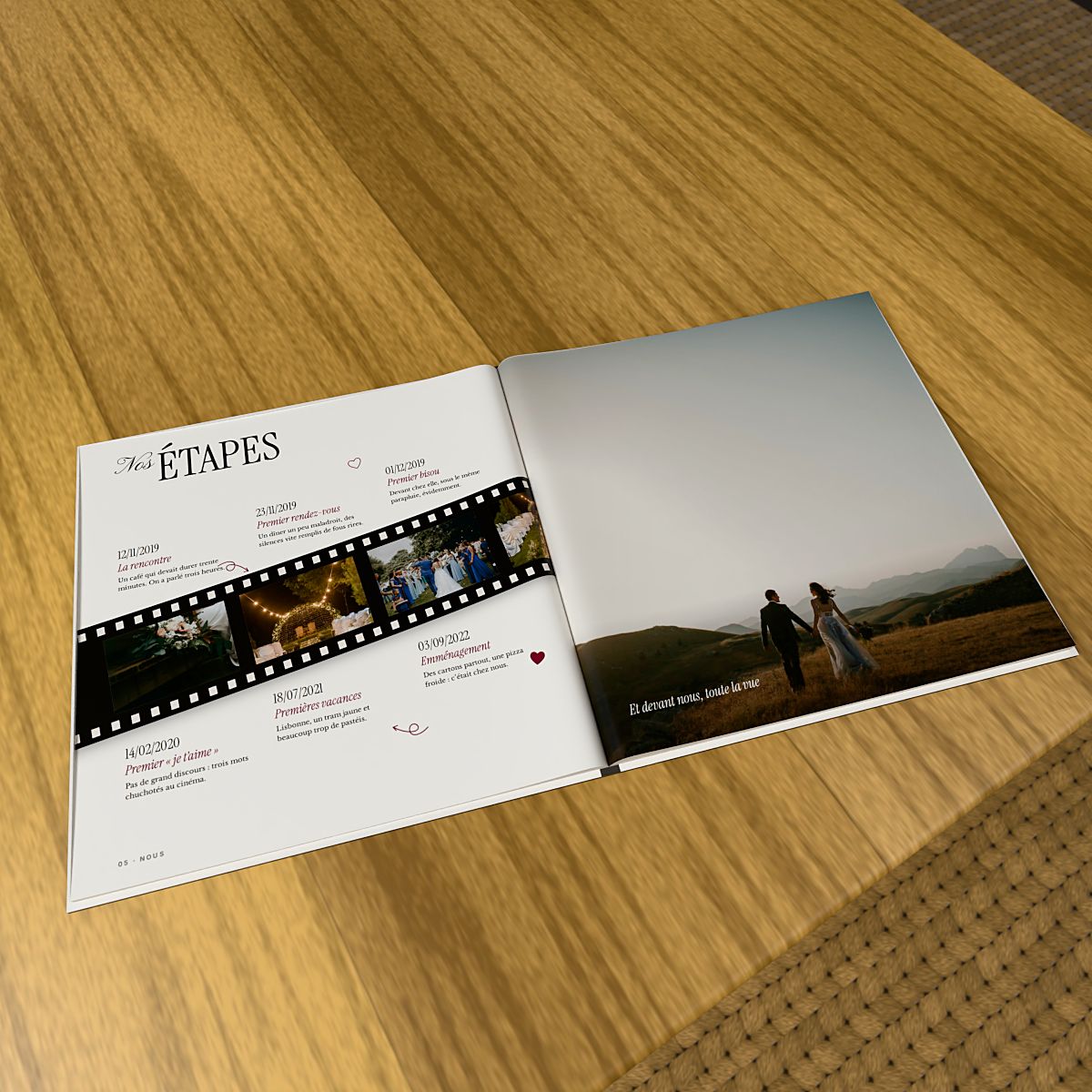 Album ouvert sur « Nos étapes » : les dates de leur histoire sur une pellicule, face à une photo pleine page