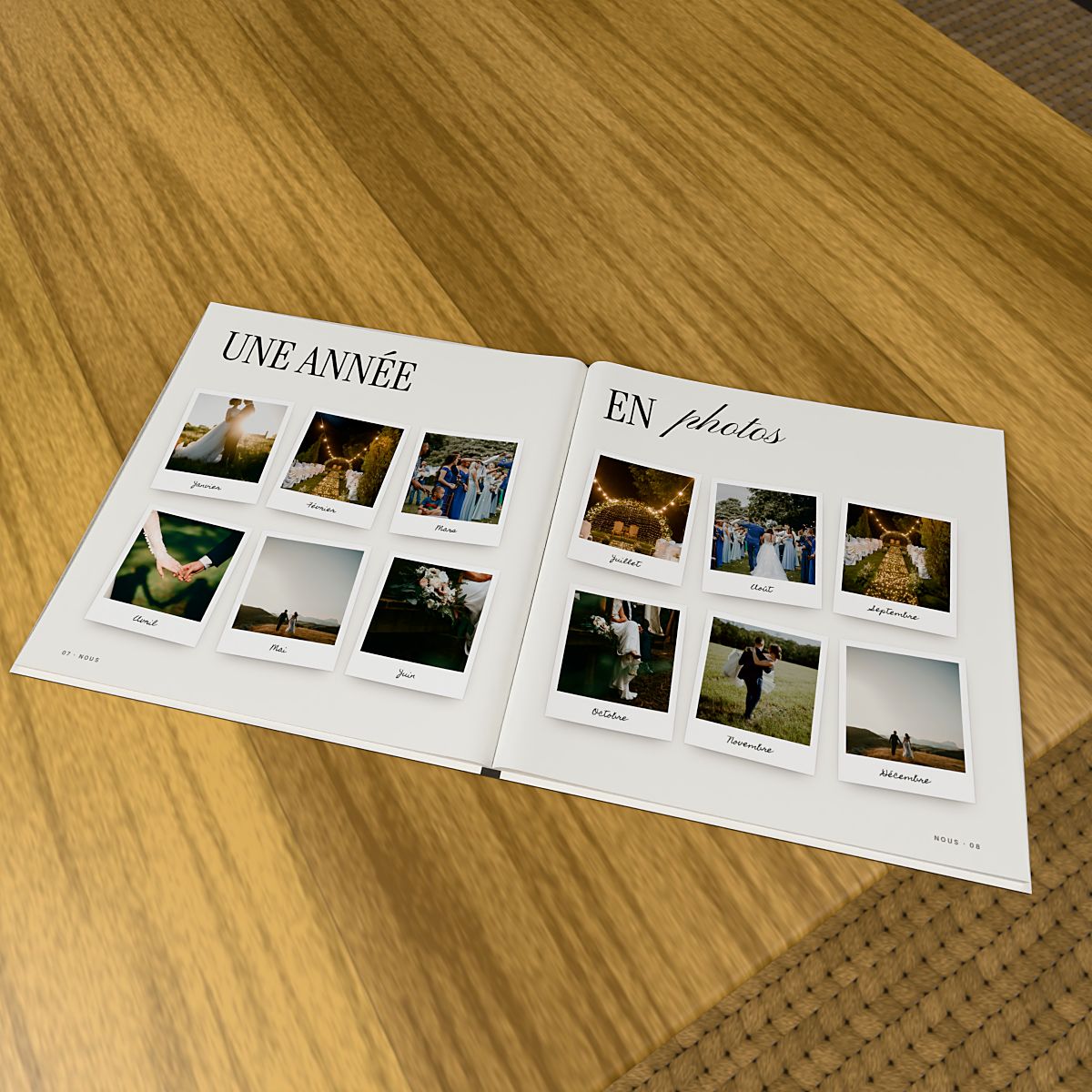 Album ouvert sur « Une année en photos » : douze photos instantanées, une par mois