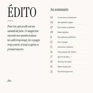 Édito avec la dédicace « Pour toi, qui as dit oui un samedi de juin » et le sommaire du magazine