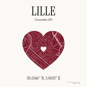 Plan de Lille dans un cœur, avec la date de la rencontre et les coordonnées du lieu