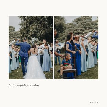 Deux photos : la sortie des mariés et les invités, légende « Les rires, les pétales, et nous deux »