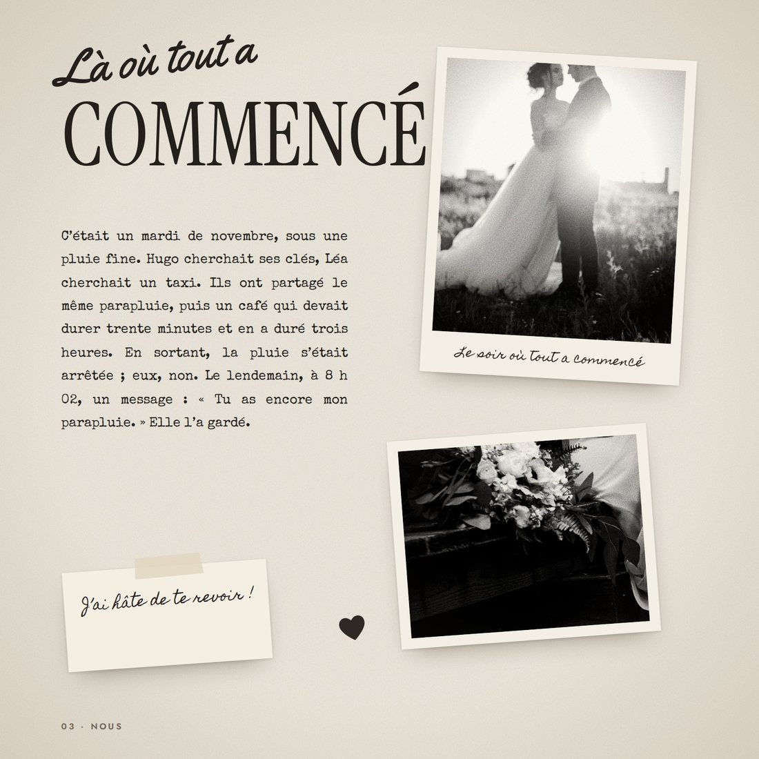 Album au style Années 70 : récit de la rencontre tapé à la machine à écrire et photos instantanées en noir et blanc